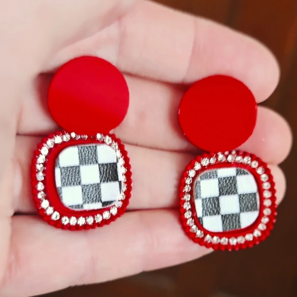 Red, Black, and White Checkered Stud Earrings with Rhinestones, NWT!